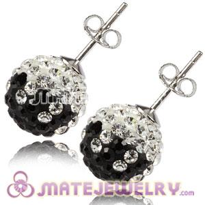 10mm Sterling Silver Black-White Czech Crystal Stud Earrings 