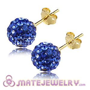 8mm Blue Czech Crystal Ball Gold Plated Silver Stud Earrings Wholesale