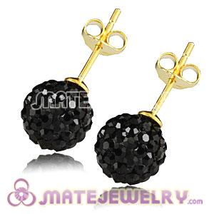 8mm Black Czech Crystal Ball Gold Plated Silver Stud Earrings Wholesale