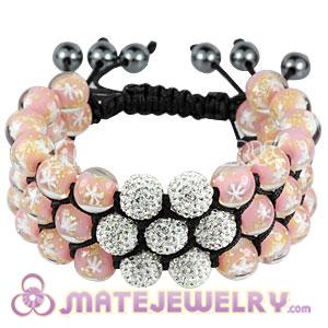 3 Row Pink Snowflake Glass Bead Wrap Bracelet With Czech Crystal Flower For Christmas Gift