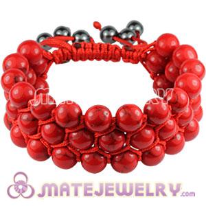 3 Row Red Turquoise Bead Wrap Bracelet With Hematite 