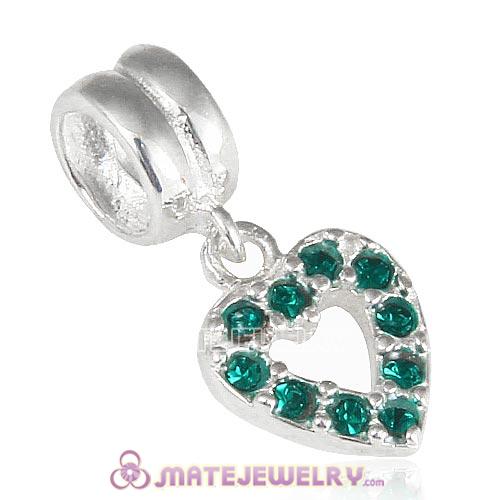Sterling Silver Heart Dangle Charms with Emerald Austrian Crystal