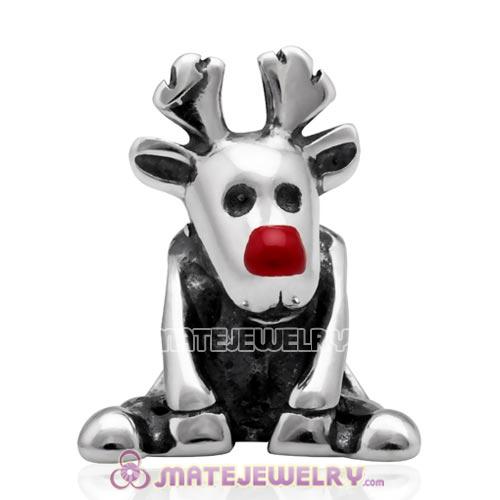 925 Sterling Silver Enamel Christmas Rudolph Reindeer Deer Red Nose Bead
