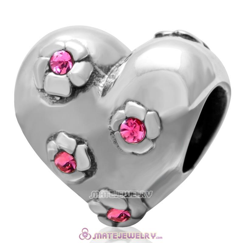 925 Sterling Silver Sweet Heart Bead with Rose Crysta