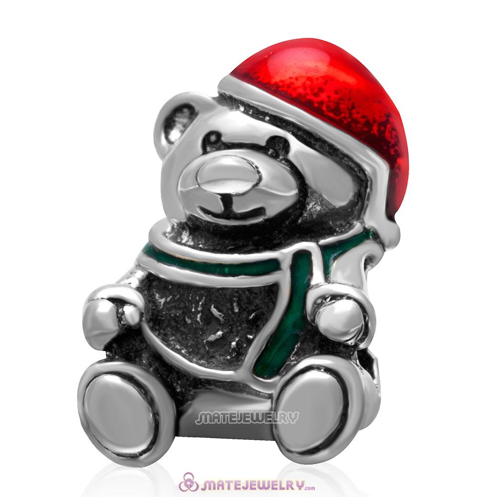 Christmas Bear Wearing Red Hat Charm 925 Sterling Silver Beads 