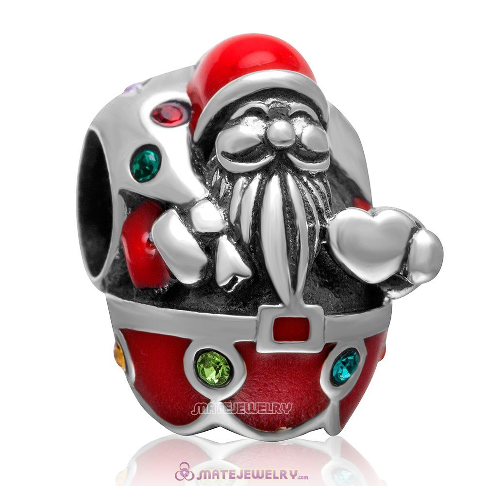 Santa Carry with Gift Charm 925 Sterling Silver Red Enamel Bead with Colorful Crystal